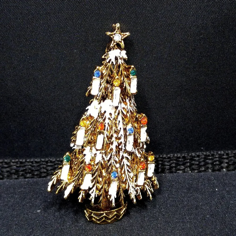 Vintage ART Arthur Pepper Christmas Tree Brooch Enamel Candles 1960s Book Piece